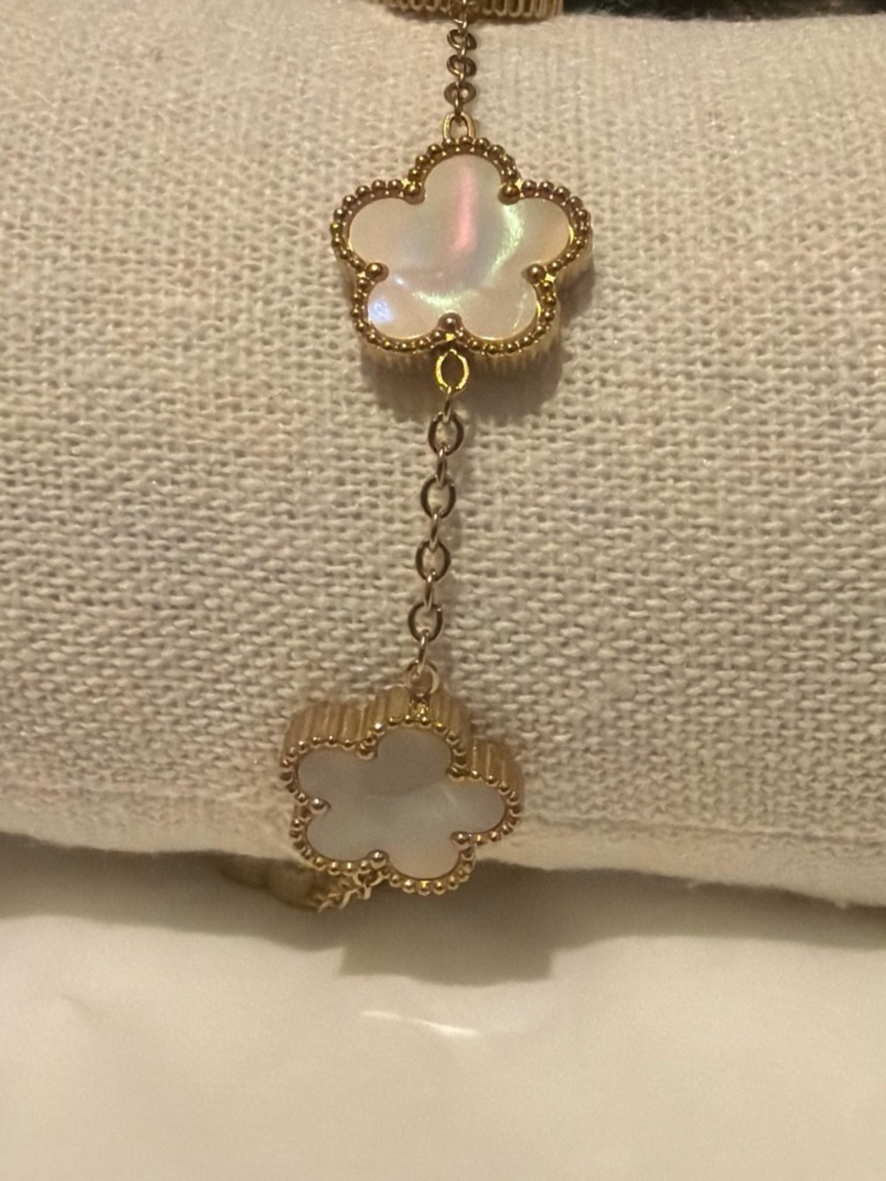 Gold Tone Mother-of-Pearl Clover Drop Bracelet - White